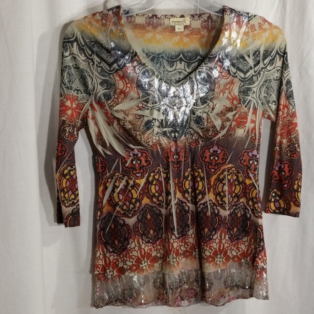 One World "S" 3/4 sleeve boho burnout tunic
